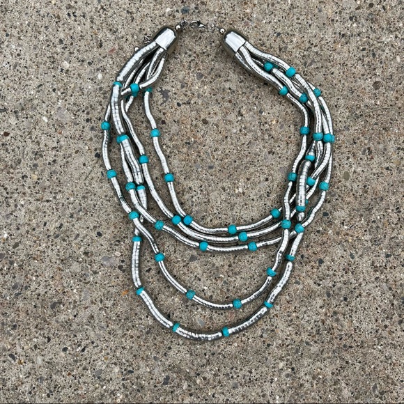 5 Strand Liquid Silver Turquoise Bold Necklace Southwest Style Statement Chunky - Picture 4 of 7